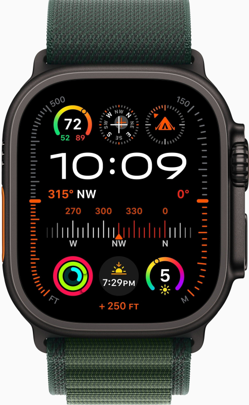 Apple Watch Ultra 2 GPS + Cellular, 49 мм, корпус из черного титана, ремешок Alpine зеленого цвета, L 165-210mm (MX4T3)