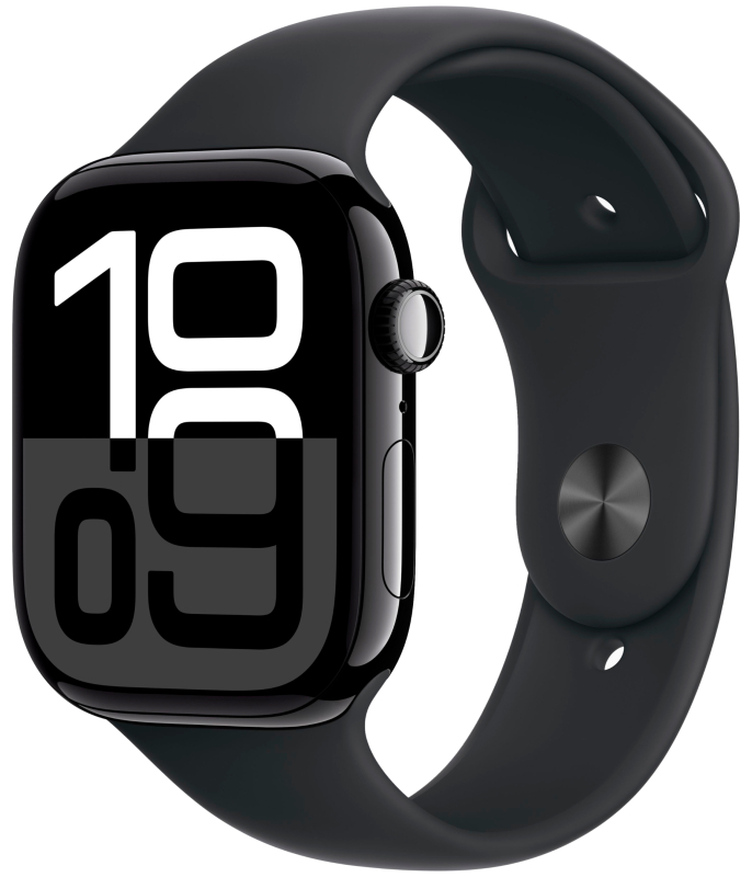 Apple Watch Series 10, 46 мм, корпус из алюминия цвета «чёрный глянец», спортивный ремешок черного цвета (S/M)