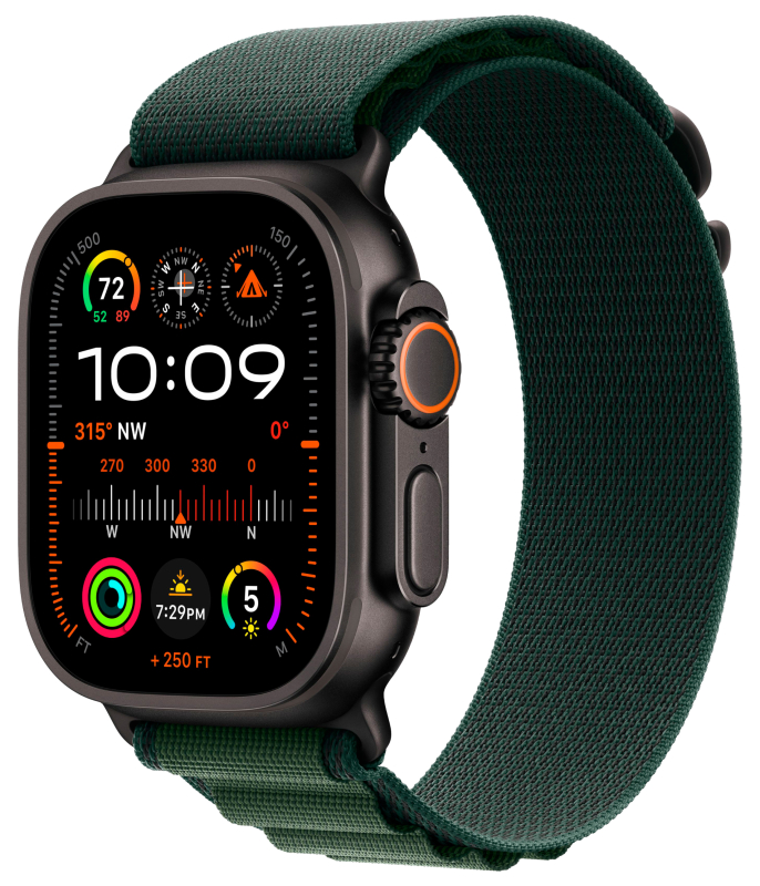 Apple Watch Ultra 2 GPS + Cellular, 49 мм, корпус из черного титана, ремешок Alpine зеленого цвета, L 165-210mm (MX4T3)