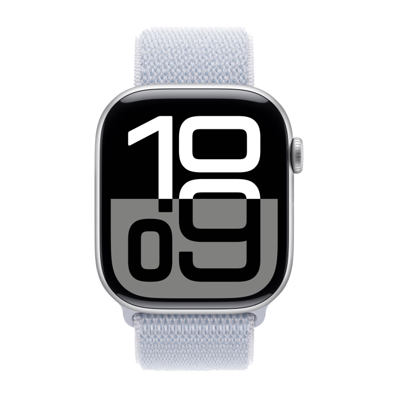 Apple Watch Series 10, 46 мм, корпус из алюминия серебристого цвета, спортивный браслет дымчато-голубого цвета