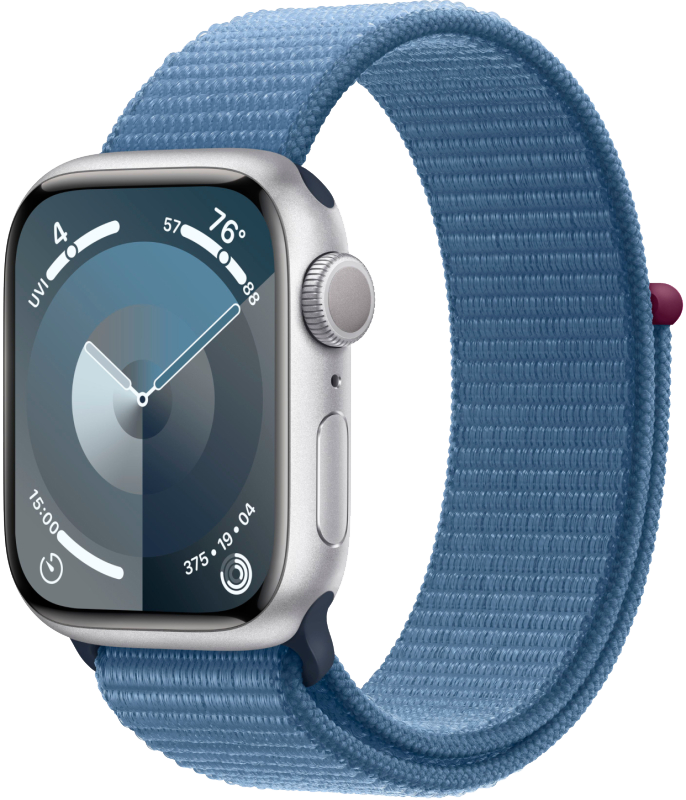Apple Watch Series 9 GPS 45мм корпус из алюминия Серебро + ремешок Sport Loop Ледяной синий